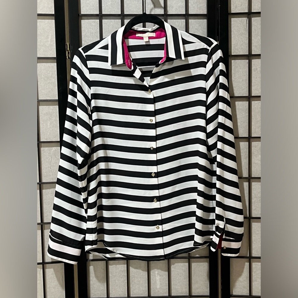 Banana Republic Black, White & Fuchsia Striped BLOUSE WOMEN SIZE S
